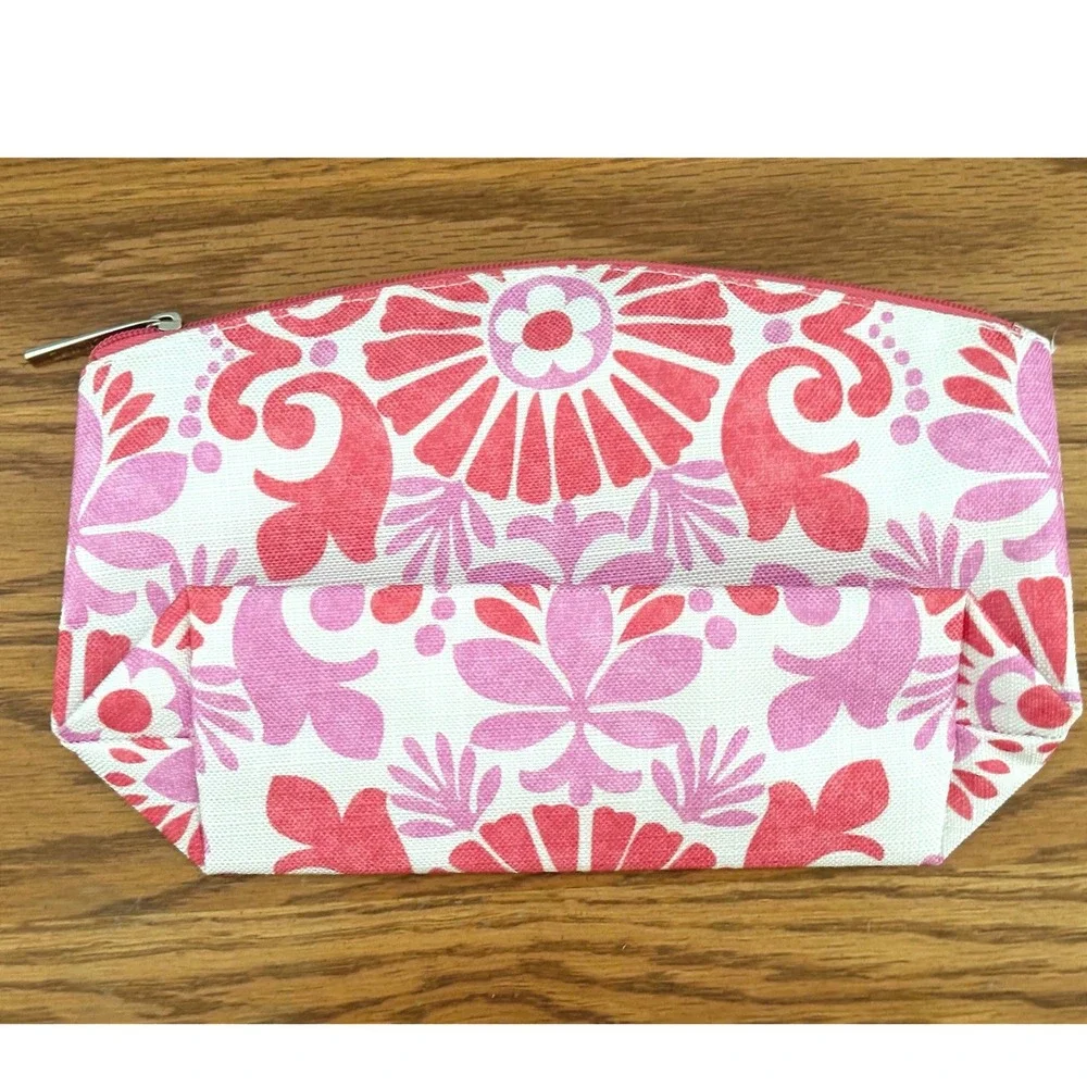 Clinique‎ Cosmetic Bag Set 2 Floral Pink Green Canvas Makeup Pouches Zippered
